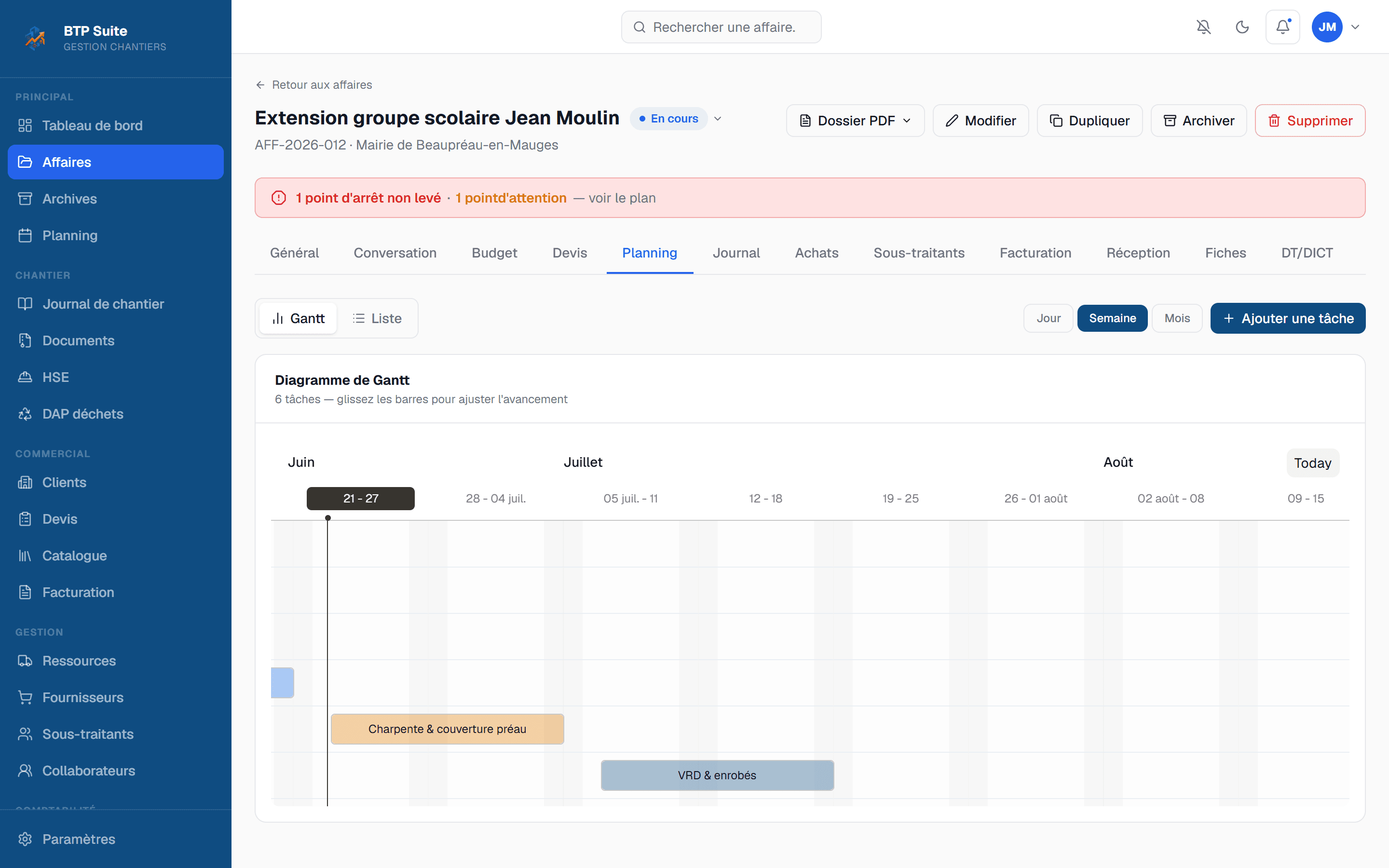 Planning de chantier en diagramme de Gantt dans BTP Suite